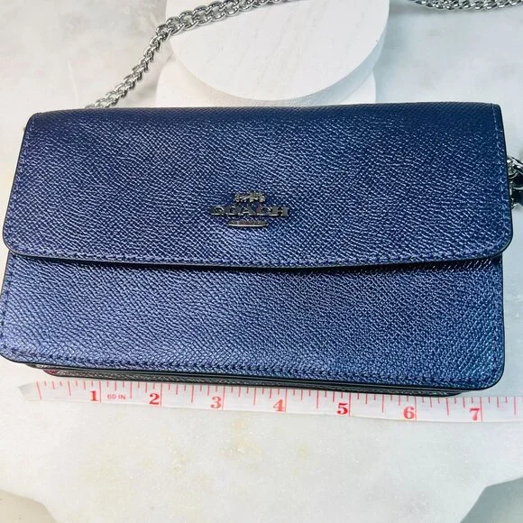Coach Sm Purple Leather Wallet Crossbody Bag Purse Chain Metallic Multicolor